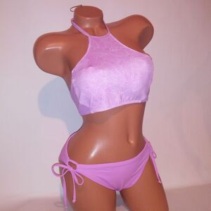 Victoria Secret Swim Bikini Medium Top Large Bottom Purple High Neck Halter New